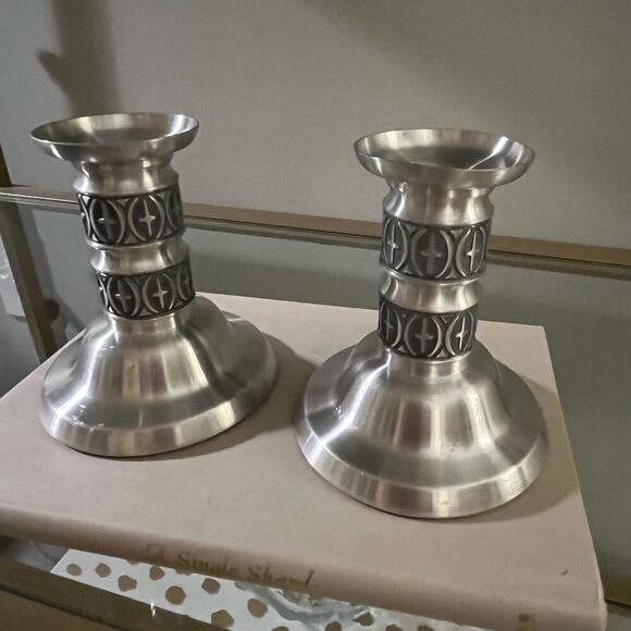 Pewter Haugrud Norway 332 Candlestick Holder Pair Set of 2 Vintage Candleholders - Picture 1 of 9